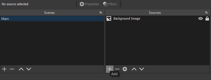 At the bottom of OBS Studio, there are two sections: 'Scenes' and 'Sources'. The cursor is hovered over the 'Add' button at the bottom of 'Sources'.