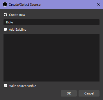 A new dialog appears. The 'Create new' option is selected and the word 'Bible' has been typed into it.