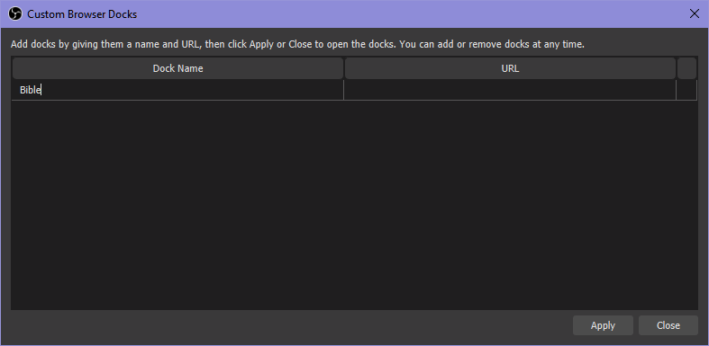 In a new dialog window, there are a Dock Name and URL to fill.