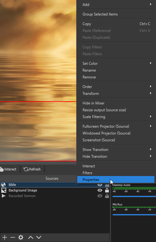 The popup menu after right-clicking the Bible in the Sources List of OBS Studio.